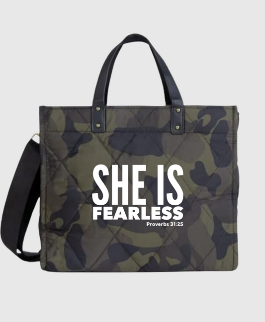 She Is Fearless Camouflage Tote